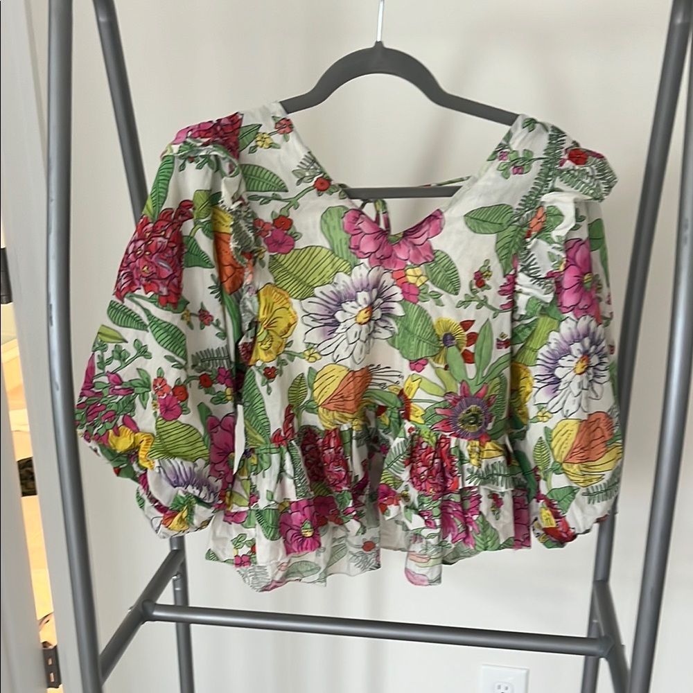 White and Pink Ruffled Peplum Blouse with Puff Sleeves